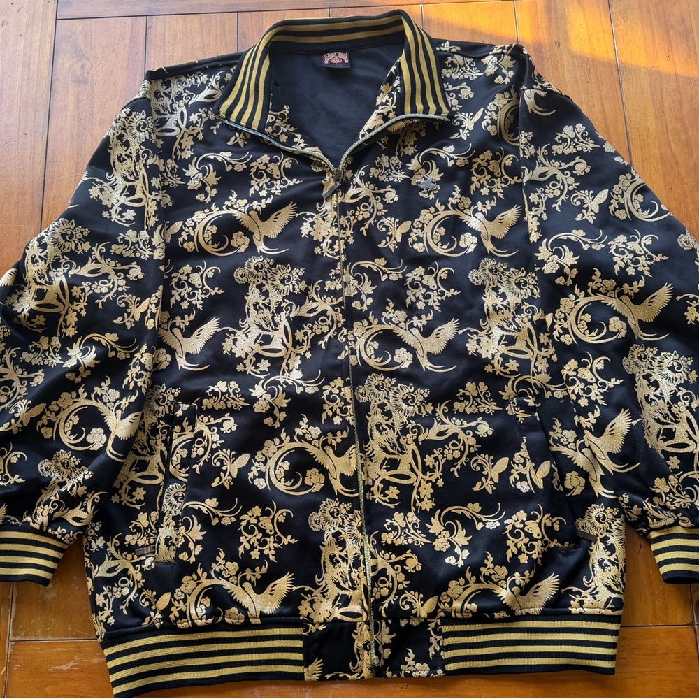 Men's Versace Style Black and Gold Patterned Full Zip Jacket XL